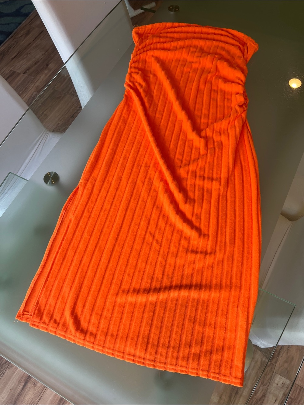 Strapless Ribbed Midi Dress in Bright Orange